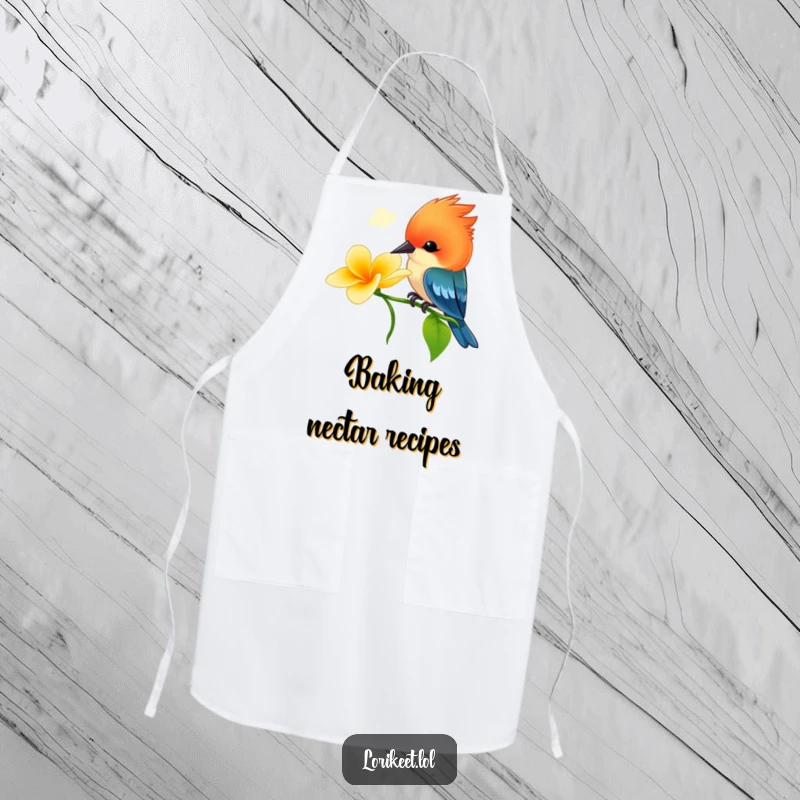 Funny Crested Bird Apron: A vibrant bird with a bright crest playfully sips nectar, ready to assist in the kitchen with funny flair.