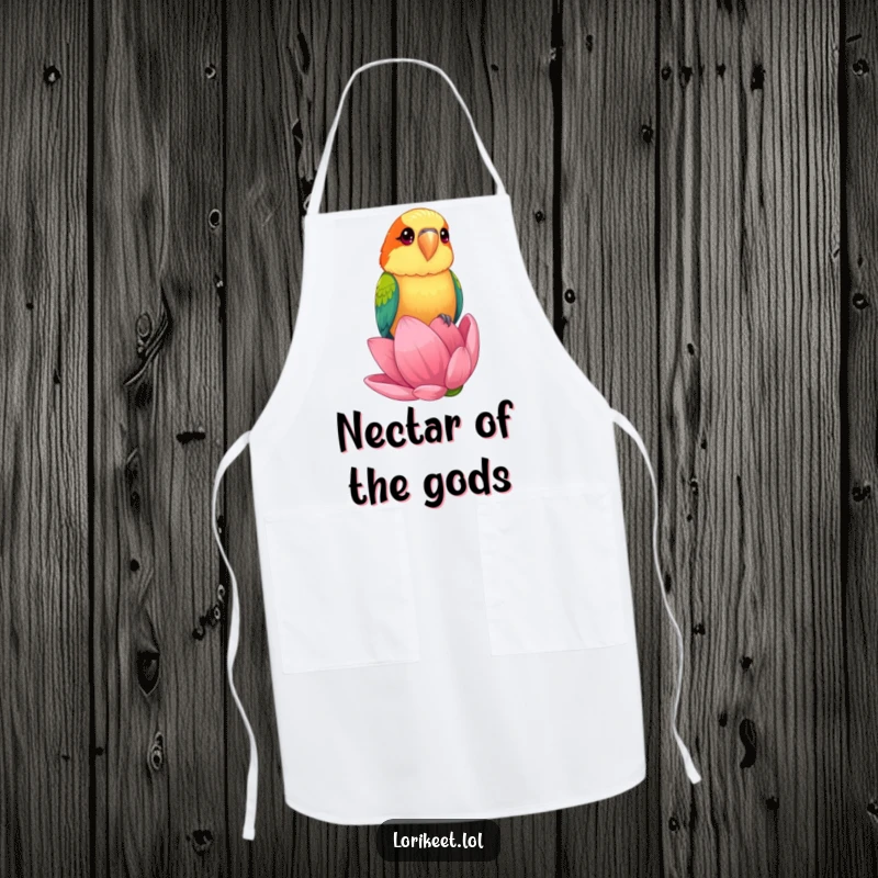 Funny Apron showcasing a lorikeet with bright, curious eyes perched on a giant flower bud, perfect for humorous cooking.