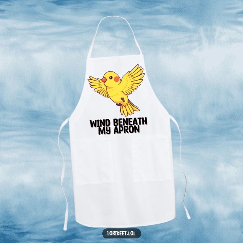 Funny Apron showcasing a lorikeet with outstretched wings playfully riding a gentle gust of wind, perfect for humorous cooking.