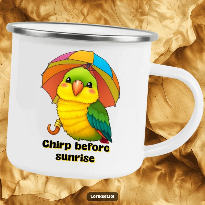Funny Lorikeet Camping Mug: A smiling lorikeet pecks a striped umbrella, perfect for humorous outdoor drinks.