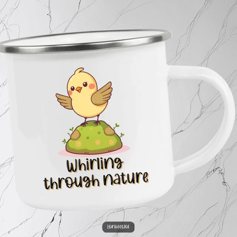 Funny Cheerful Bird Camping Mug: A petite bird spins energetically on a mossy mound, durable for adventures and funny.
