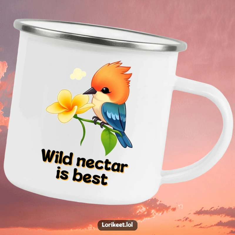 Funny Crested Bird Camping Mug: A vibrant bird with a bright crest playfully sips nectar, durable for adventures and funny.