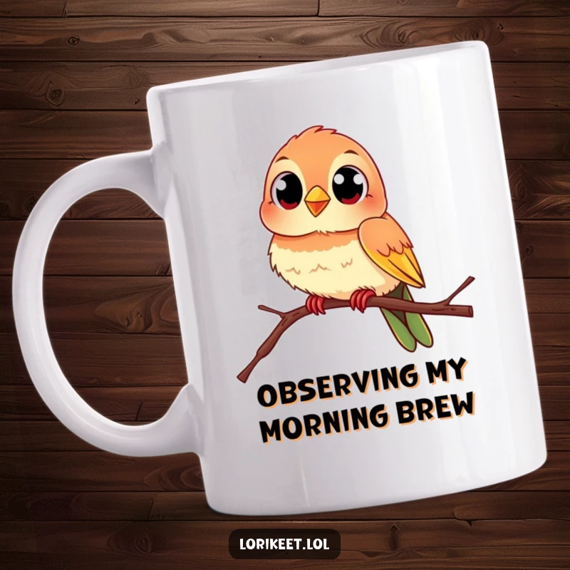 Funny Curious Bird Mug: A lively, colorful bird with large, curious eyes perches on a swaying branch, looking ready for fun.