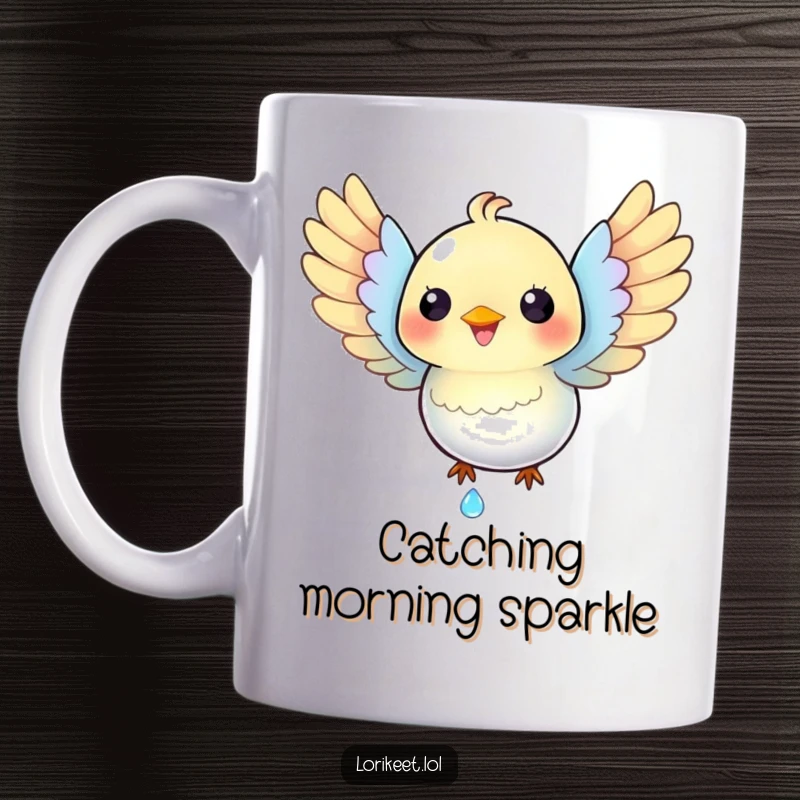 Funny Iridescent Bird Mug: A happy bird with spread wings catches a tiny, sparkling dewdrop, radiating joy.