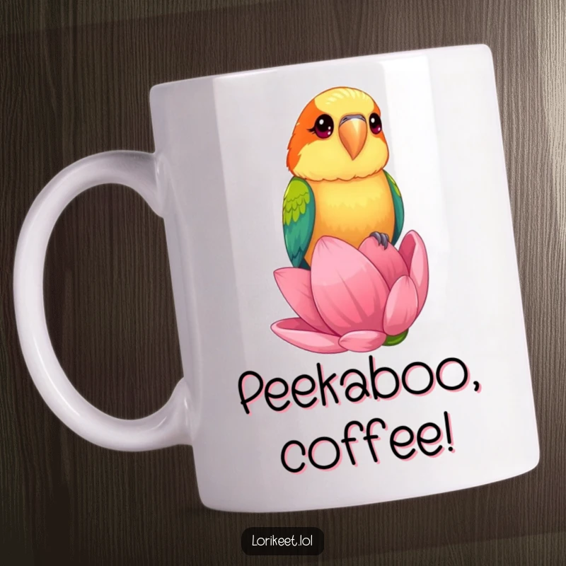 Funny Mug with a lorikeet bird with bright, curious eyes perched on a giant flower bud, bringing cheerful humor.