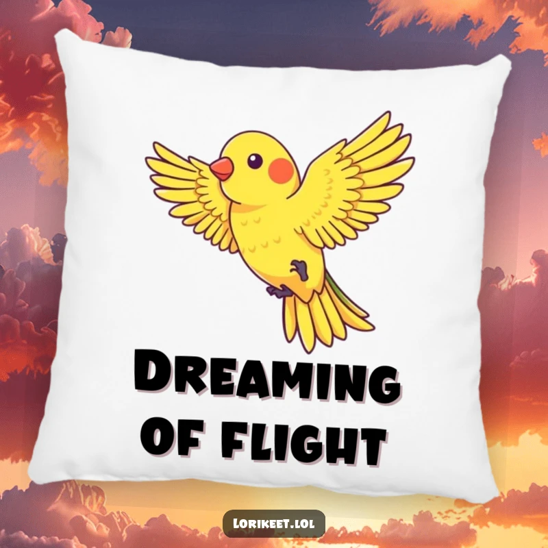 Funny Pillow with a lorikeet with outstretched wings playfully riding a gentle gust of wind, offering cozy and humorous appeal.