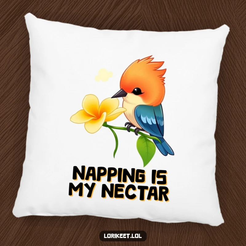 Funny Vibrant Bird Pillow: A small, bright-crested bird playfully sips nectar from a flower, perfect for adding comfort and humor.