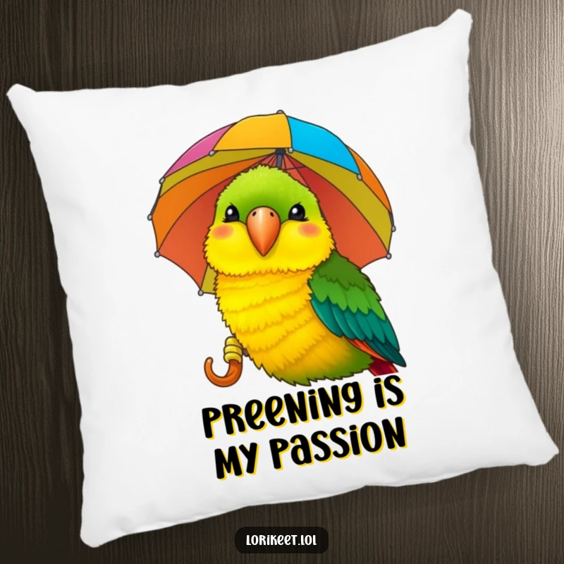 Funny Lorikeet Pillow: A wide-smiling lorikeet pecks a colorful umbrella, offering soft, humorous decor and comfort.