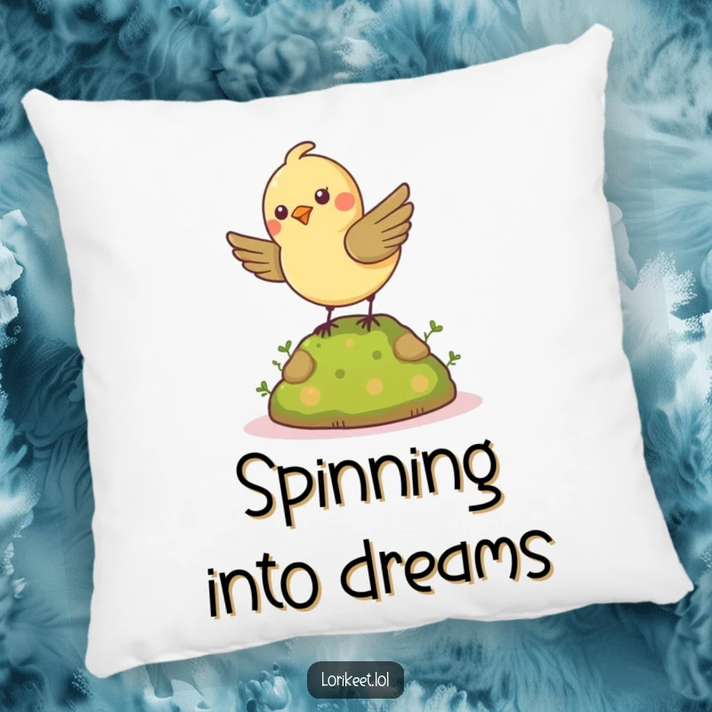 Funny Spinning Bird Pillow: A cheerful, petite bird spins energetically on a mossy mound, a soft and funny accent.