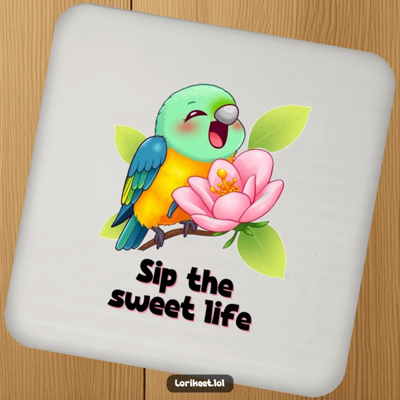 Funny Drink Coasters featuring a lorikeet joyfully sipping nectar from a comically large blossom, perfect for humorous surface protection.