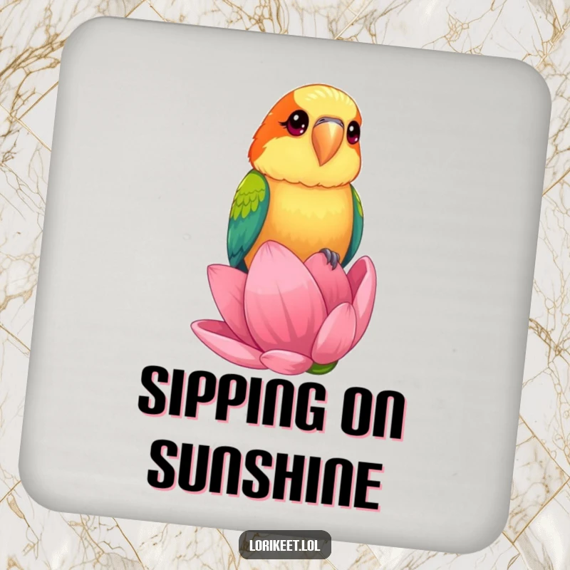 Funny Drink Coasters featuring a lorikeet with bright, curious eyes perched on a giant flower bud, perfect for humorous surface protection.