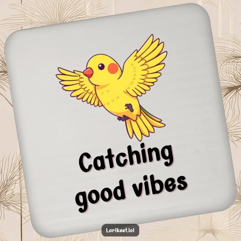 Funny Drink Coasters featuring a lorikeet with outstretched wings playfully riding a gentle gust of wind, perfect for humorous surface protection.