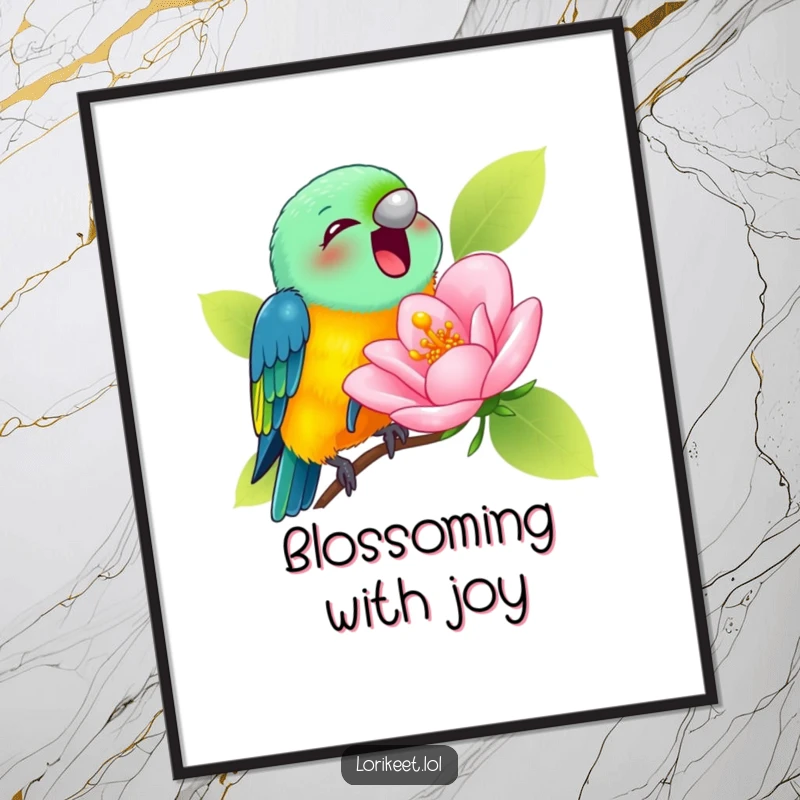 Funny Poster featuring a lorikeet joyfully sipping nectar from a comically large blossom, creating delightful, humorous decor.