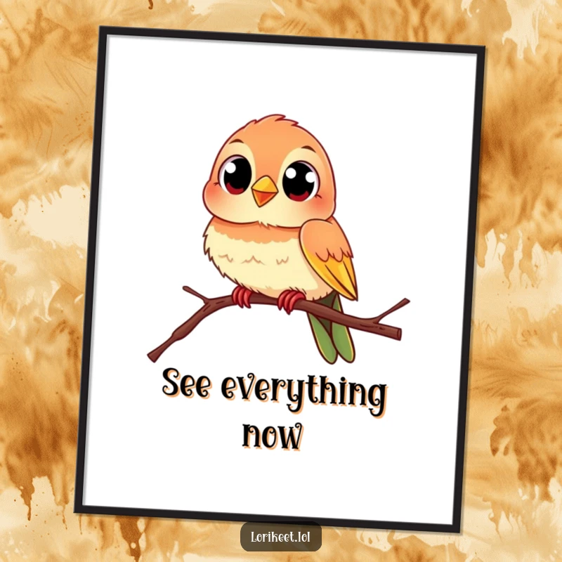 Funny Curious Bird Poster: A lively bird with large, curious eyes perches on a thin, swaying branch, bringing a funny vibe.