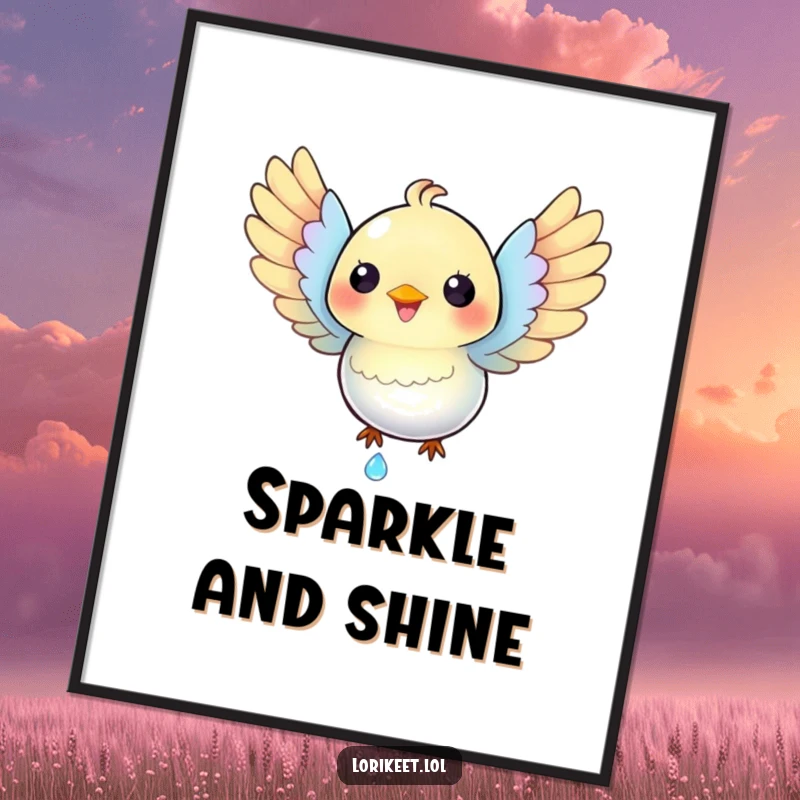 Funny Iridescent Bird Poster: A happy bird with spread wings catches a tiny, sparkling dewdrop, depicted with vibrant, shimmering colors.