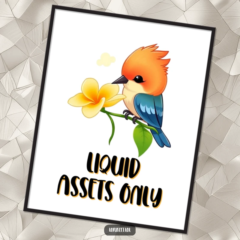 Funny Crested Bird Poster: A vibrant bird with a bright crest is shown here playfully sipping nectar from a flower, full of life.