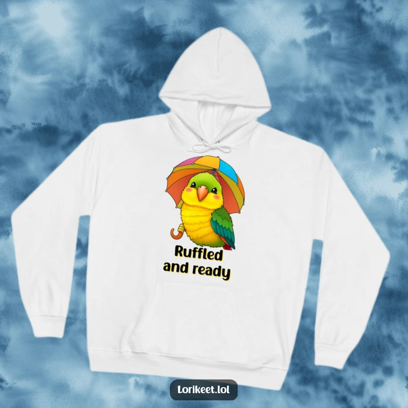 Funny Lorikeet Hoodie: A happy lorikeet actively pecks a colorful umbrella, showcasing a funny, joyous moment for cozy wear.