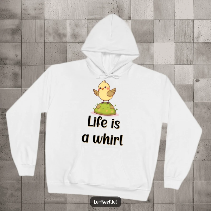 Funny Cheerful Bird Hoodie: A petite bird spins energetically on a mossy mound, a warm and funny wearable.