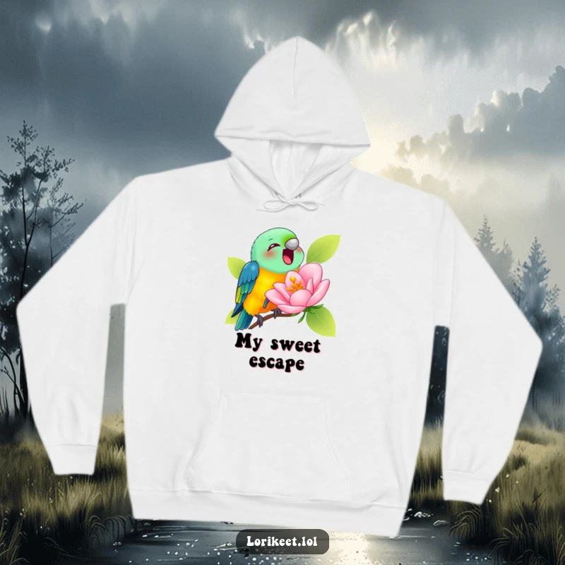 Funny Hoodie showing a lorikeet joyfully sipping nectar from a comically large blossom, cozy and humorous.