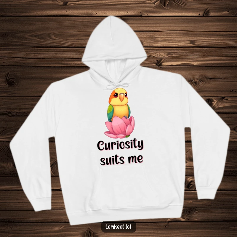 Funny Hoodie depicting a lorikeet with bright, curious eyes perched on a giant flower bud, cozy and humorous.