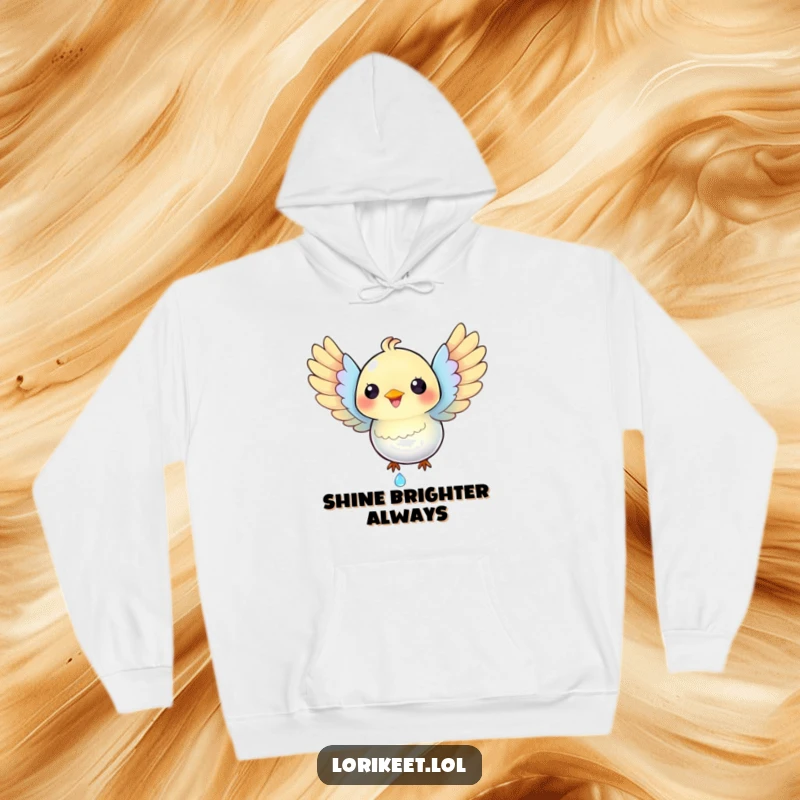 Funny Iridescent Bird Hoodie: A happy bird with spread wings catches a dewdrop, a warm and sparkling wearable.