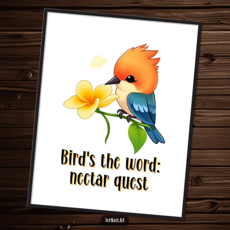 Funny Free Printable Wall Art: Vibrant crested bird playfully sips nectar from a flower, adding humor.