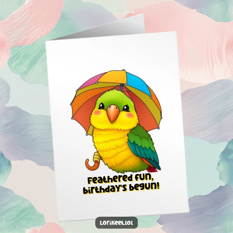 Funny Free Printable Birthday Card: A smiling lorikeet happily pecking an imaginary striped umbrella.