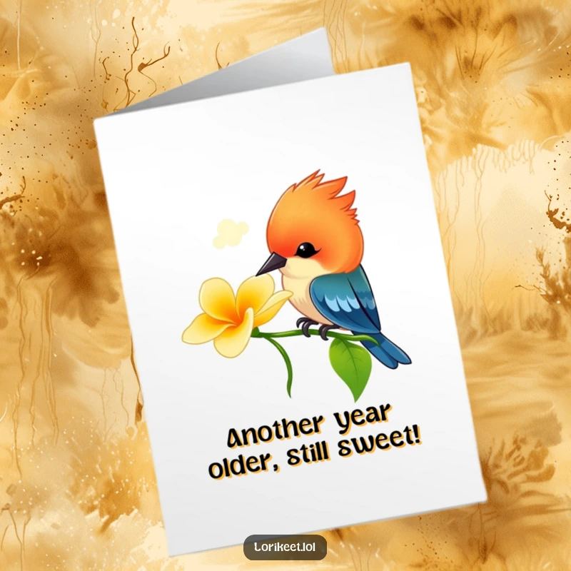Funny Free Printable Birthday Card: Vibrant crested bird playfully sips nectar from a flower, bringing smiles.