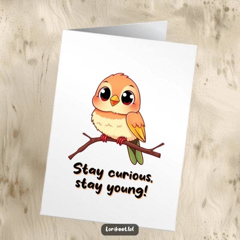 Funny Free Printable Birthday Card: Lively bird with curious eyes perches on a swaying branch, a humorous delight.