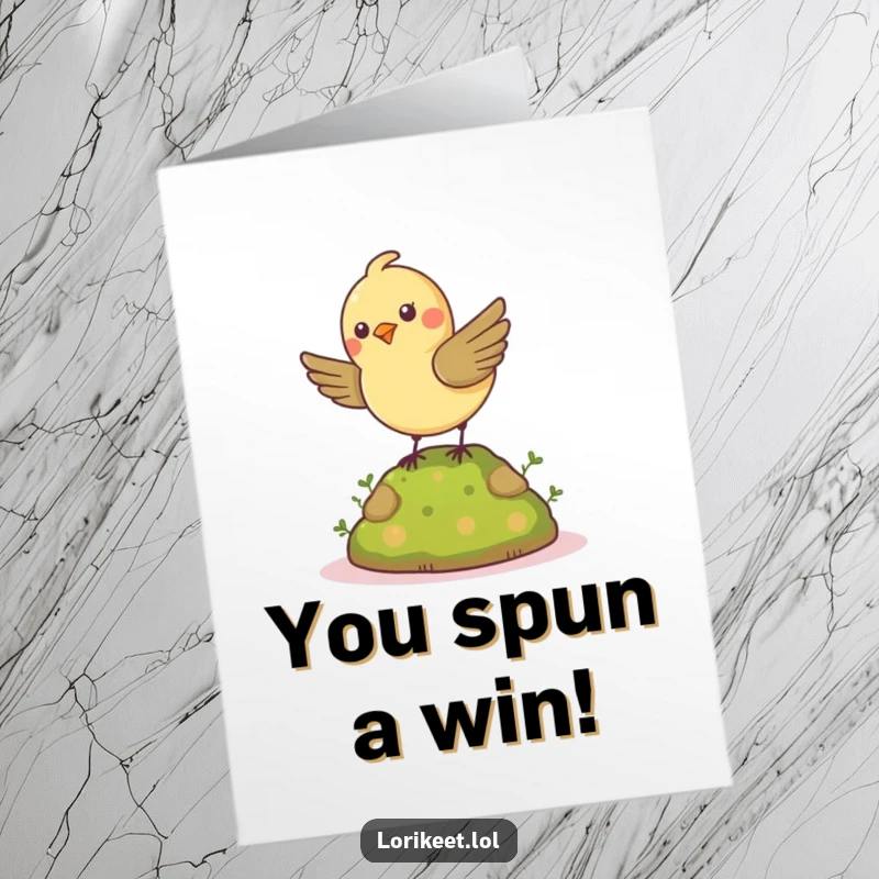 Funny Free Printable Congratulations Card: Petite bird spins energetically on a mossy mound, celebrating success humorously.
