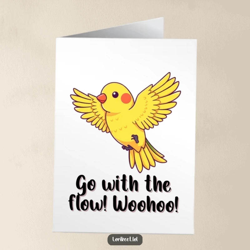 Funny Free Printable Congratulations Card of a lorikeet with outstretched wings playfully riding a gust of wind, celebrating launching into success.