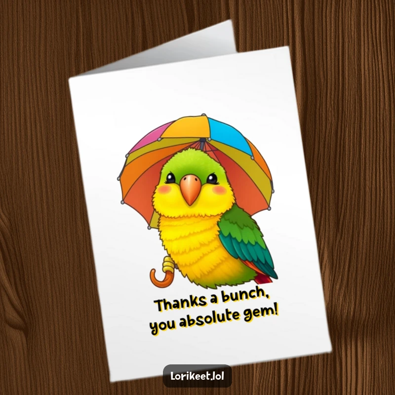 Funny Free Printable Thank You Card: A smiling lorikeet with a striped umbrella, conveying heartfelt thanks.