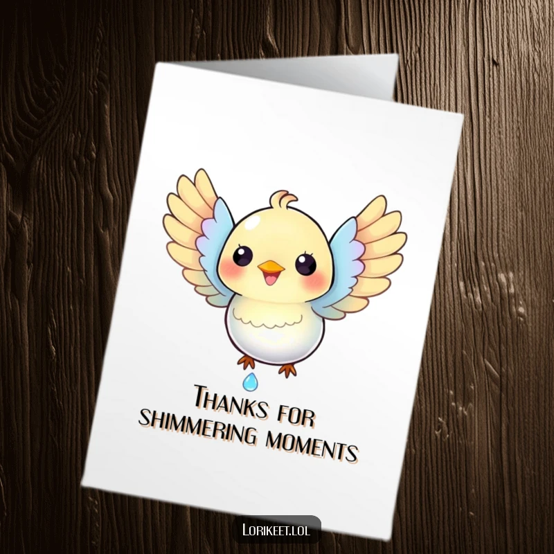 Funny Free Printable Thank You Card: Happy iridescent bird catches a sparkling dewdrop, humorously expressing thanks.
