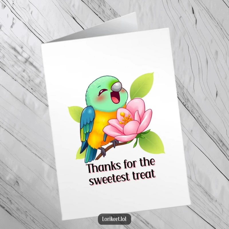 Funny Free Printable Thank You Card featuring a lorikeet joyfully sipping nectar from a comically large blossom, conveying sweet thanks.