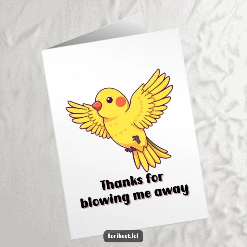 Funny Free Printable Thank You Card featuring a lorikeet with outstretched wings riding a gust of wind, conveying lighthearted gratitude.