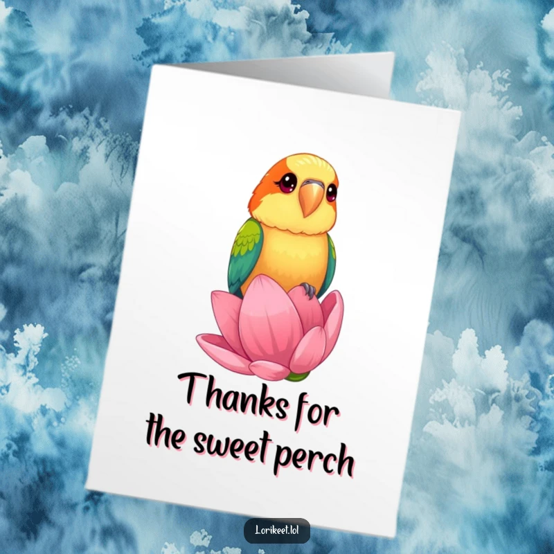 Funny Free Printable Thank You Card with a curious lorikeet on a giant flower bud, conveying sweet and colorful gratitude.