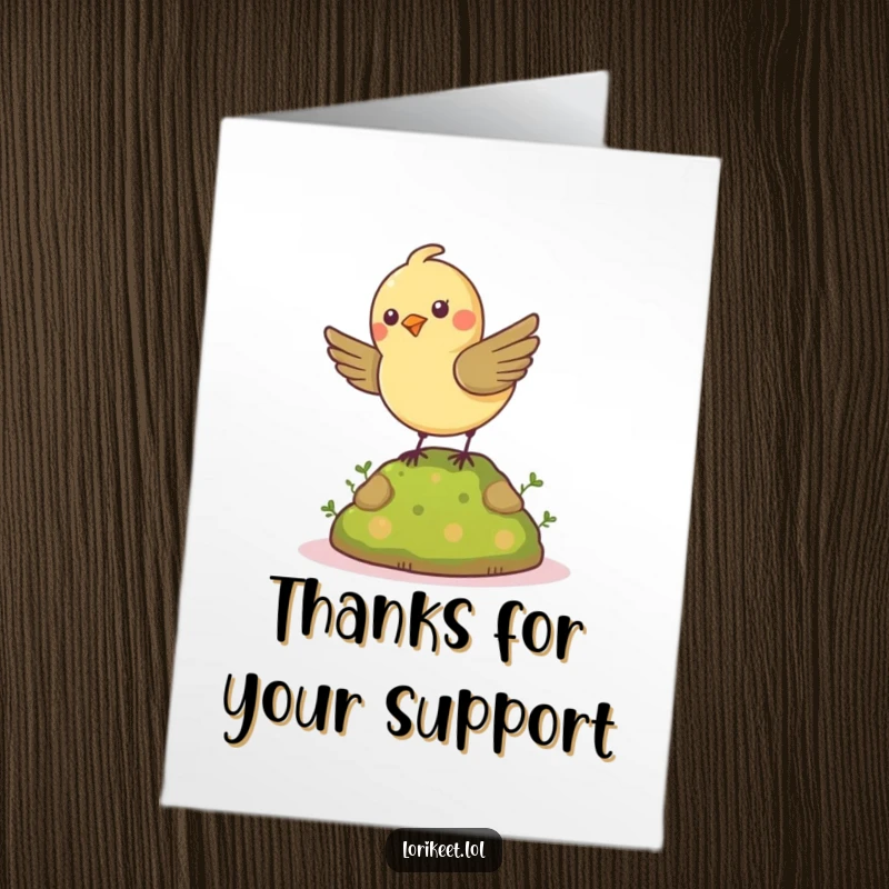 Funny Free Printable Thank You Card: Cheerful petite bird spins on a mossy mound, humorously thanking someone.
