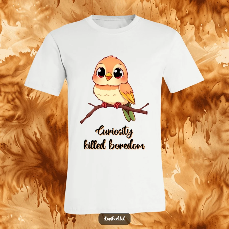 Funny Lively Bird T-Shirt: A colorful bird with big, curious eyes sits on a swaying branch, looking quite amusing.