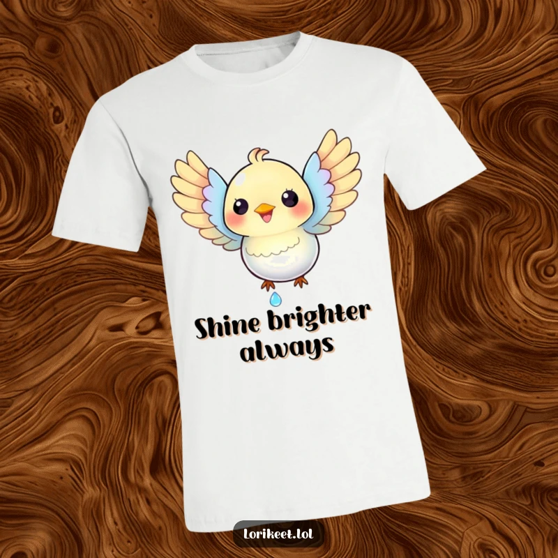 Funny Happy Bird T-Shirt: An iridescent bird with spread wings is shown catching a sparkling dewdrop, a moment of pure bliss.