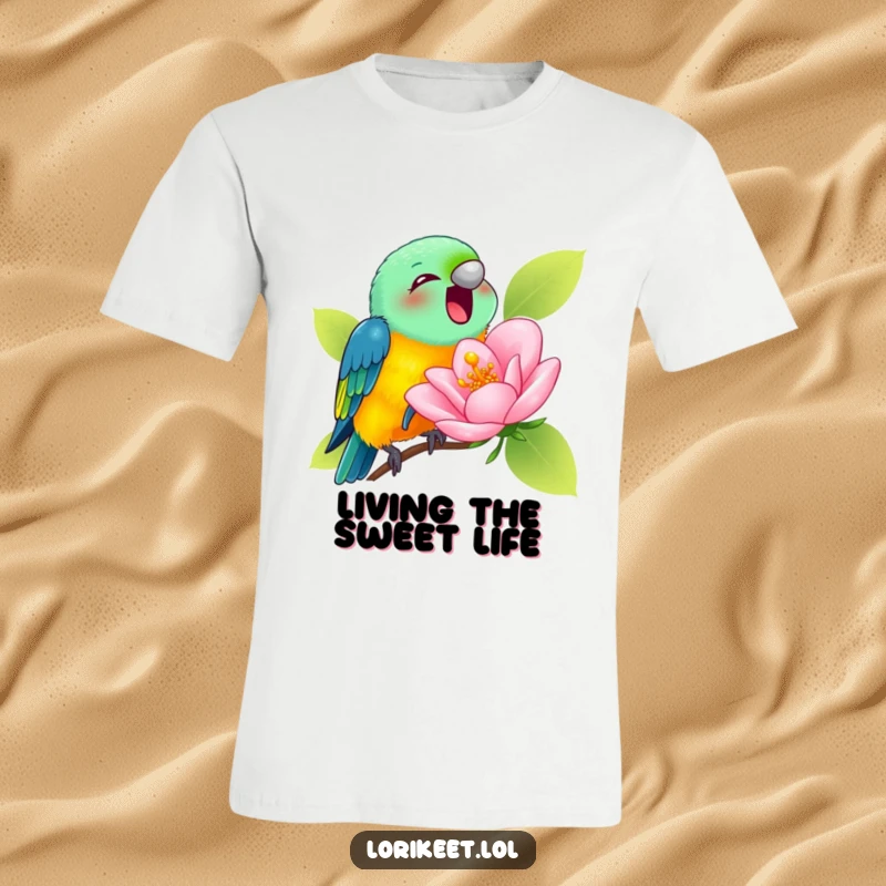 Funny T-Shirt depicting a lorikeet joyfully sipping nectar from a comically large blossom, full of humorous sweetness.