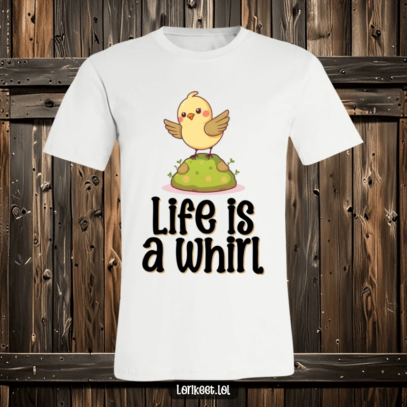 Funny Petite Bird T-Shirt: A cheerful, small bird is captured in a fun, energetic spin on a mossy mound.