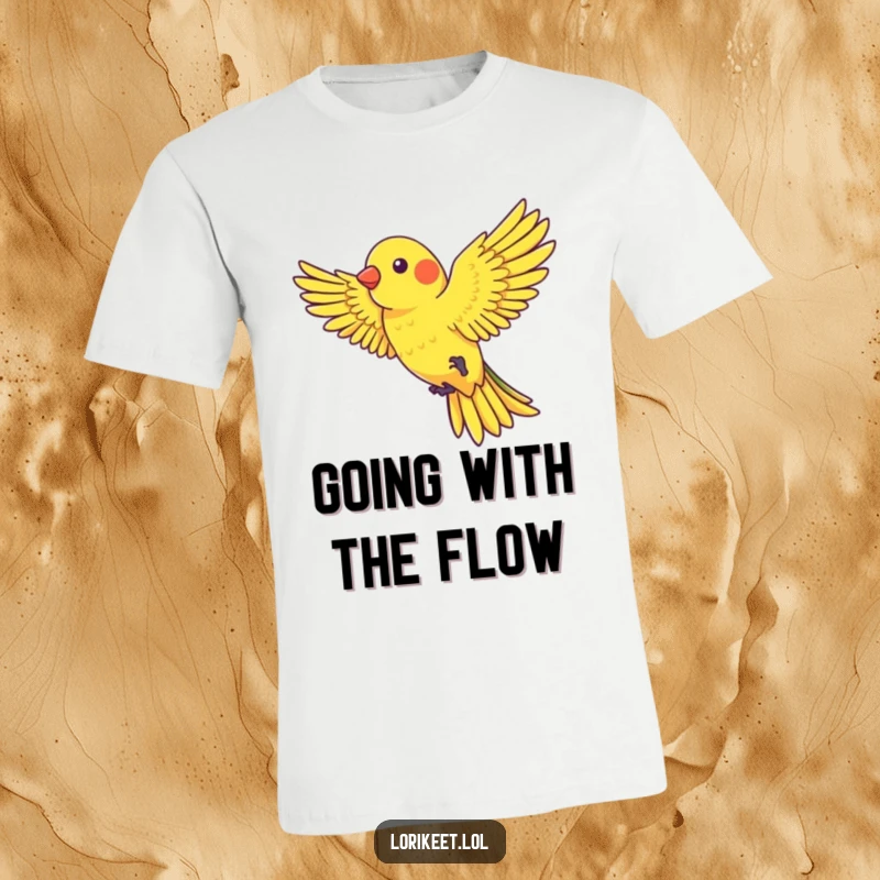 Funny T-Shirt depicting a lorikeet with outstretched wings playfully riding a gentle gust of wind, full of humorous energy.