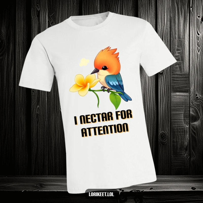 Funny Vibrant Bird T-Shirt: A small bird with a bright crest is captured in the act of playfully dipping its beak into a flower.