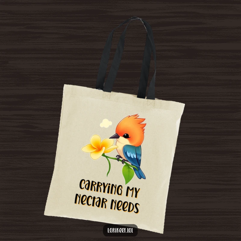 Funny Vibrant Bird Tote Bag: A small, bright-crested bird playfully sips nectar from a flower, adorned on a durable and funny tote.