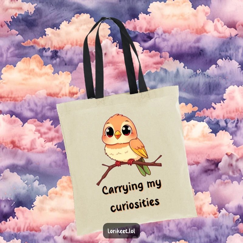 Funny Lively Bird Tote Bag: A colorful bird with curious eyes perches on a branch, printed on a funny and functional tote.