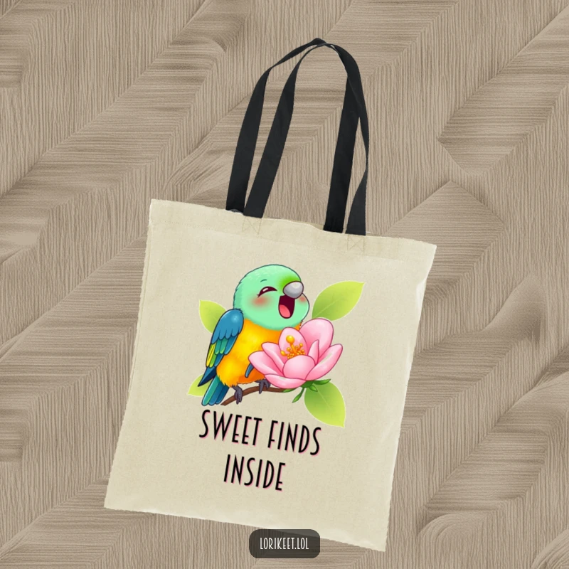 Funny Tote Bag with a lorikeet joyfully sipping nectar from a comically large blossom, perfect for humorous carrying.