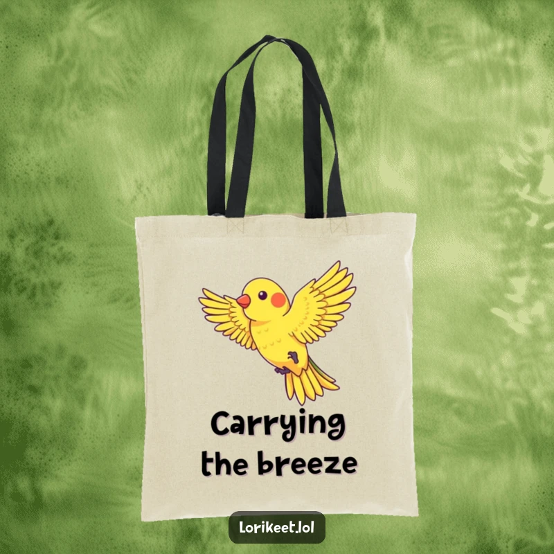 Funny Tote Bag with a lorikeet with outstretched wings playfully riding a gentle gust of wind, perfect for humorous carrying.